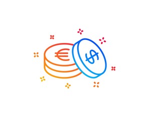 Coins money line icon. Banking currency sign. Euro and Dollar Cash symbols. Gradient design elements. Linear savings icon. Random shapes. Vector