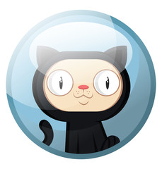 Cartoon character of a black cat with white face smiling vector illustration in light blue circle on white background.