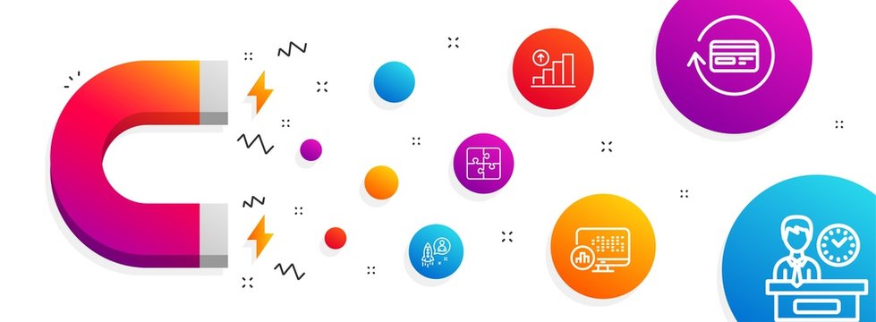Magnet attracting. Report statistics, Graph chart and Refund commission icons simple set. Startup, Puzzle and Presentation time signs. Graph chart, Growth report. Technology set. Vector