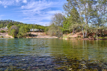 Fototapeta na wymiar lake with leaves inside and green reflections