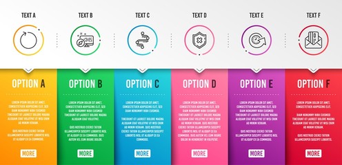 Reject protection, Update time and Timeline icons simple set. Web system, Loop and Credit card signs. No security, Refresh watch. Technology set. Infographic template. 6 steps timeline. Vector