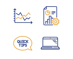 Quickstart guide, Report and Diagram chart icons simple set. Laptop sign. Helpful tricks, Presentation document, Presentation graph. Computer. Science set. Linear quickstart guide icon. Vector