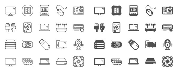 Computer components, Laptop, SSD line icons. Motherboard, CPU, Internet cables icons. Wifi router, computer monitor, Graphic card. Keyboard, SSD device. Internet cables, laptop components. Vector - obrazy, fototapety, plakaty