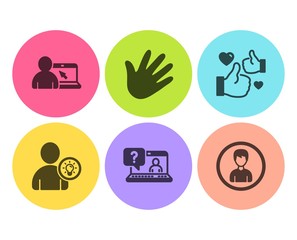 User idea, Hand and Faq icons simple set. Online education, Like and Person signs. Light bulb, Swipe. People set. Flat user idea icon. Circle button. Vector