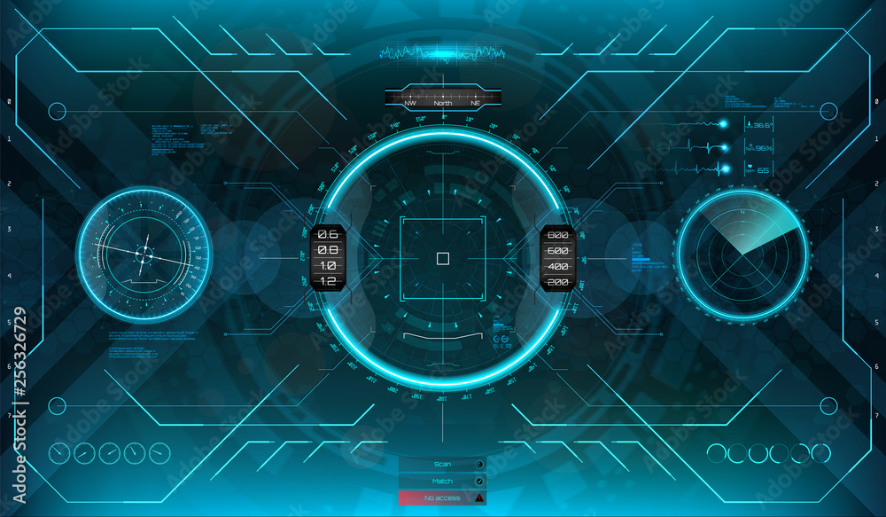 Aufkleber Futuristic VR Head-up Display Design. Virtual reality in HUD UI style. Game, future control center display. Camera viewfinder. Template focusing screen of the camera. Template Crosshair in HUD, GUI.