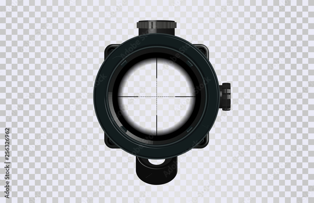Poster Sniper scope crosshairs in realistic style. Optical sight for your project. GUI element. Vector gaming template. Military and weapon