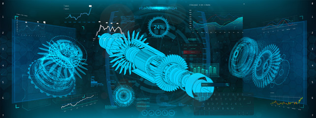 Jet engine of airplane in HUD UI style. Industrial aerospase blueprint. Vector illustration of future engineering with infographics and Jet engine statistics with parts of mechanisms. HUD UI style