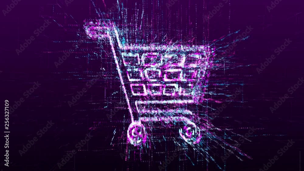 Wall mural shopping cart sign animation. consists of a stream of numbers and symbols in digital space.