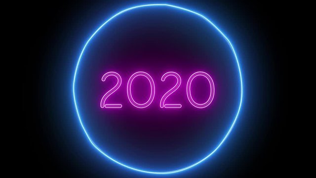Animation zoom flashing neon sign '2020' No background