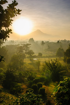 Indonesia, Java, early morning view from the Borobudur Temple Complex on the scenery around