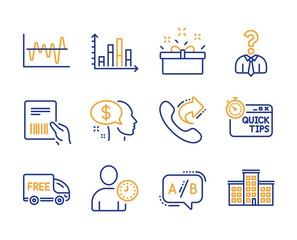 Parcel invoice, Time management and Pay icons simple set. Diagram graph, Present box and Share call signs. Hiring employees, Ab testing and Stock analysis symbols. Line parcel invoice icon. Vector