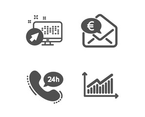 Set of 24h service, Euro money and Web system icons. Graph sign. Call support, Receive cash, Computer. Presentation diagram.  Classic design 24h service icon. Flat design. Vector
