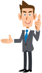 右側のポイントを解説する若いビジネスマン