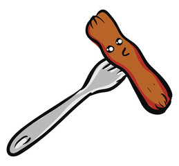 Suprissed brown sausage on a silver fork vector illustration on white background