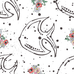 Vector seamless pattern, hand drawn graphic illustration background sea animal, fish with flowers, leaves Sketch drawing, doodle style. Artistic abstract line art. Black, white silhouette with rose
