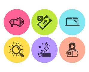 Megaphone, Search and Innovation icons simple set. Laptop, Rejected payment and Woman read signs. Advertisement, Find document. Business set. Flat megaphone icon. Circle button. Vector