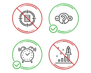 Do or Stop. Quiz test, Calculator target and Alarm clock icons simple set. Development plan sign. Select answer, Audit, Time. Strategy. Technology set. Line quiz test do icon. Prohibited ban stop