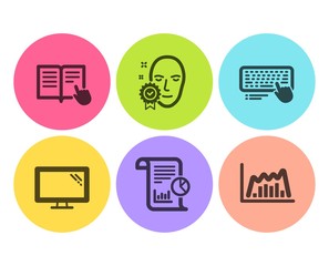 Report, Face verified and Monitor icons simple set. Computer keyboard, Read instruction and Infographic graph signs. Work analysis, Access granted. Science set. Flat report icon. Circle button. Vector