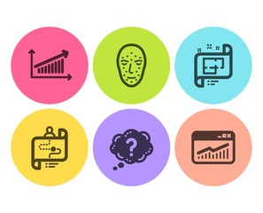 Face biometrics, Question mark and Journey path icons simple set. Chart, Architectural plan and Website statistics signs. Facial recognition, Quiz chat. Science set. Flat face biometrics icon. Vector