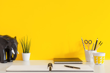 Home office desk with stationery, succulent and yellow wall.