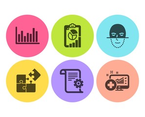 Technical documentation, Report and Bar diagram icons simple set. Face recognition, Puzzle and Medical analytics signs. Manual, Presentation chart. Science set. Flat technical documentation icon