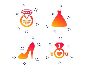 Wedding dress icon. Women's shoe symbol. Wedding or engagement day ring with diamond sign. Will you marry me? Random dynamic shapes. Gradient wedding icon. Vector