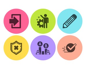 Ab testing, Employee and Pencil icons simple set. Reject protection, Login and Checkbox signs. Test chart, Cogwheel. Technology set. Flat ab testing icon. Circle button. Vector