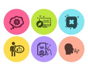 Reject, Like and Web system icons simple set. Cogwheel, Certificate and Breathing exercise signs. Delete message, Thumbs up. Technology set. Flat reject icon. Circle button. Vector