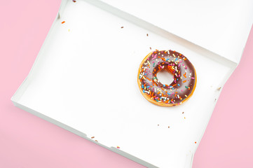  Last chocolate donut in empty box on pink background