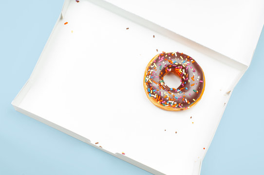  Last Chocolate Donut In Empty Box On Blue Background