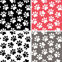 Set of multicolored vector backgrounds with paw print. Duplicate patterns and textures can be used for printing onto fabric, web page background and paper