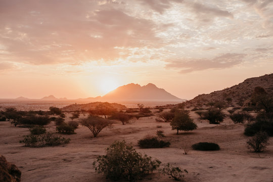 Namibia, Spitzkoppe, desert landscape at sunset