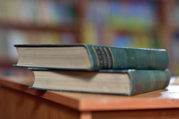 Library blur background, books on shelves. Old books
