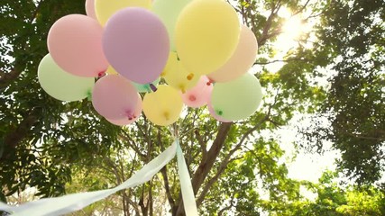Pastel color balloon in wedding with sunshine background, 4K - Powered by Adobe