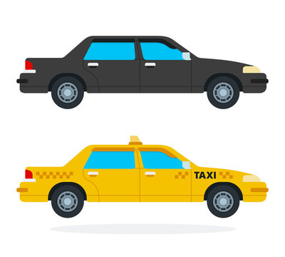 Luxury black car and yellow taxi vector flat isolated