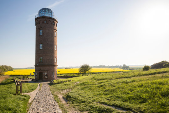 Germany, Ruegen, Cape Arkona, Positioning Tower, Peilturm and rape field in the background