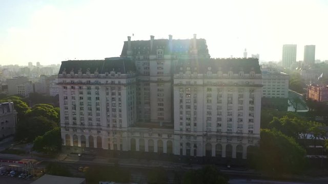 Aerial drone view of Edificio Libertador building in Puerto Madero neighbourhood at sunset. Buenos Aires, Argentina.