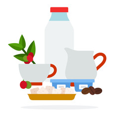 Bottle of milk jug of cream and sugar cubes vector flat isolated