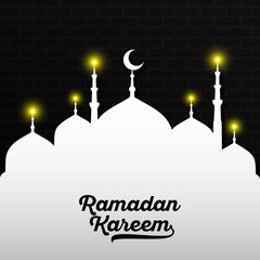 Black Ramadan Kareem lettering on white mosque with yellow light and dark black brick wall. Vector illustration