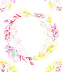 Watercolor bouquet of flowers, Beautiful abstract splash of pink paint, fashion illustration, willow, chamomile, apple flowers, branch with berry, Apple tree, Linden, field or garden flowers. 