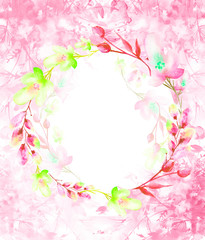 Watercolor bouquet of flowers, Beautiful abstract splash of pink paint, fashion illustration, willow, chamomile, apple flowers, branch with berry, Apple tree, Linden, field or garden flowers. 