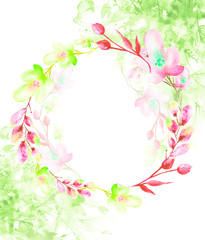 Fototapeta premium Watercolor bouquet of flowers, Beautiful abstract splash of paint, fashion illustration,willow, chamomile, apple flowers, green branch with berry, Apple tree, Linden, field or garden flowers. 