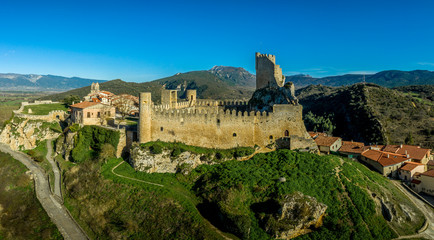 Fototapeta na wymiar Frias aerial panorama of the medieval village with a castle and fortified bridge near Burgos in Castile and Leon Spain