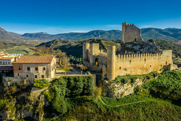 Frias aerial panorama of the medieval village with a castle and fortified bridge near Burgos in...