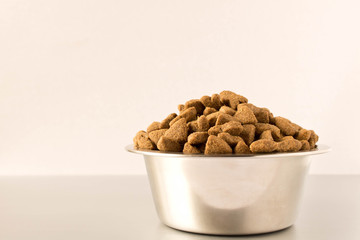 Bowl with dog food on a light background . Close up.
