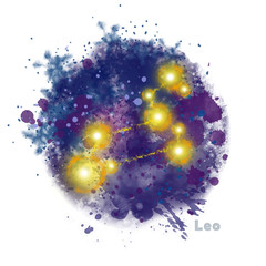 Leo Zodiac Sign with Watercolor Textured Stain. Glowing Star Constellation on Dark Sky.