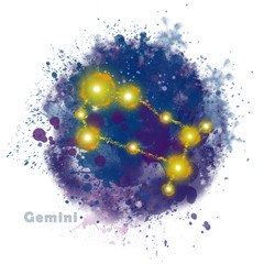 Gemini Zodiac Sign with Watercolor Textured Stain. Glowing Star Constellation on Dark Sky.