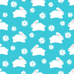 Seamless pattern of cute white bunnies on blue background with florwers