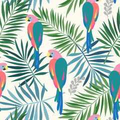 Seamless repeat pattern with tropical leaves and colorful ara parrots in sophisticated colors © Pattern Talent
