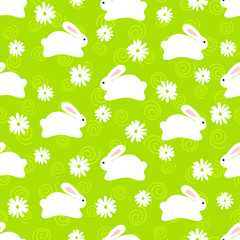 Fototapeta premium Seamless pattern of cute white bunnies on green background with flower